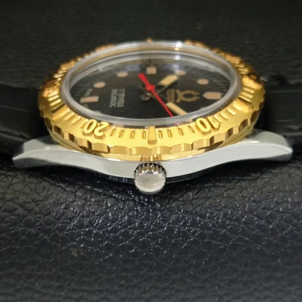Vintage 1974 Titus Manual Mens Silver Watch W/Leather Strap & Gold accents